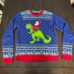 Blue and Red Dinosaur Christmas Sweater
